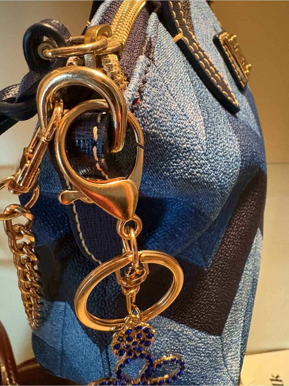 Blue Jeweled Flower Keychain on Chevron Blue Handbag - Picture 2 of 2